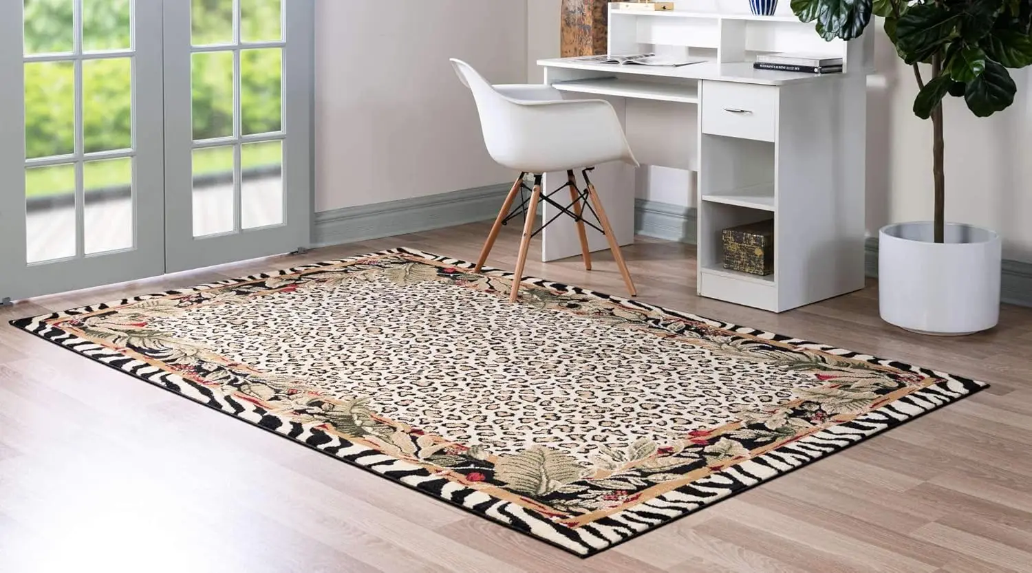 Wildlife Collection Animal Inspired With Cheetah Bordered Design Area Rug, 9 Ft X 12 Ft, Ivory/Black