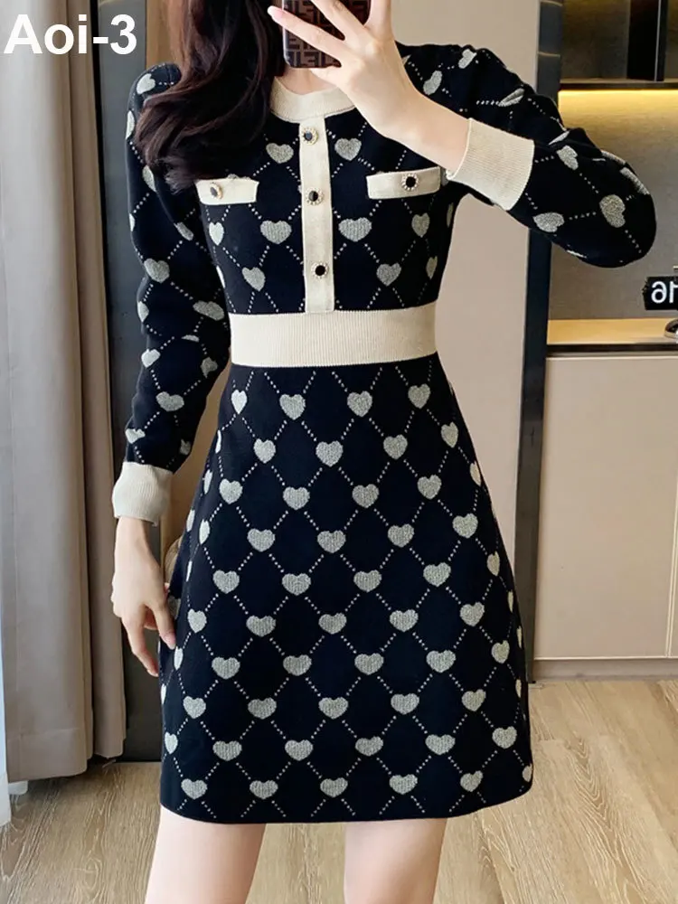 

Elegant Slim Sweater Dress Women 23 Autumn Winter Love Pattern Contrast Color O-Neck Knitted Dress High Waist A-Line Base Dress