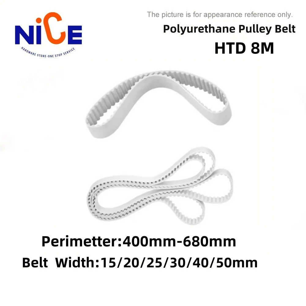 HTD 8M PU Timing Belt 15/20/25/30/40/50mm Width White Polyurethane Toothed Belt 400mm-680mm Closed Loop Gear Belt