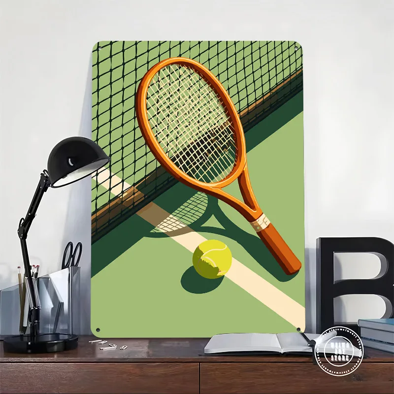 Tennis Racket and Ball Illustration 3D Printed Texture Poster Personalized Wall Art Retro Metal Tin Signs for Decoration Home