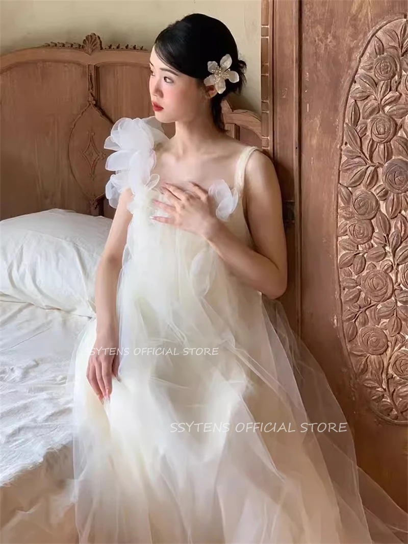 Fata elegante avorio corea abiti da sera da sposa servizio fotografico abito da sposa senza spalline abiti da ballo in Tulle abito da festa formale