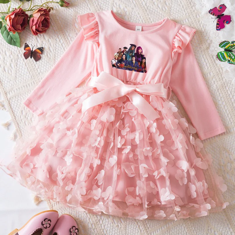 Descendants Girl Baby Dresses Spring Autumn Child Long Sleeve Sweet Princess Dress Mesh Newborn Dress Birthday Party 2-6Y