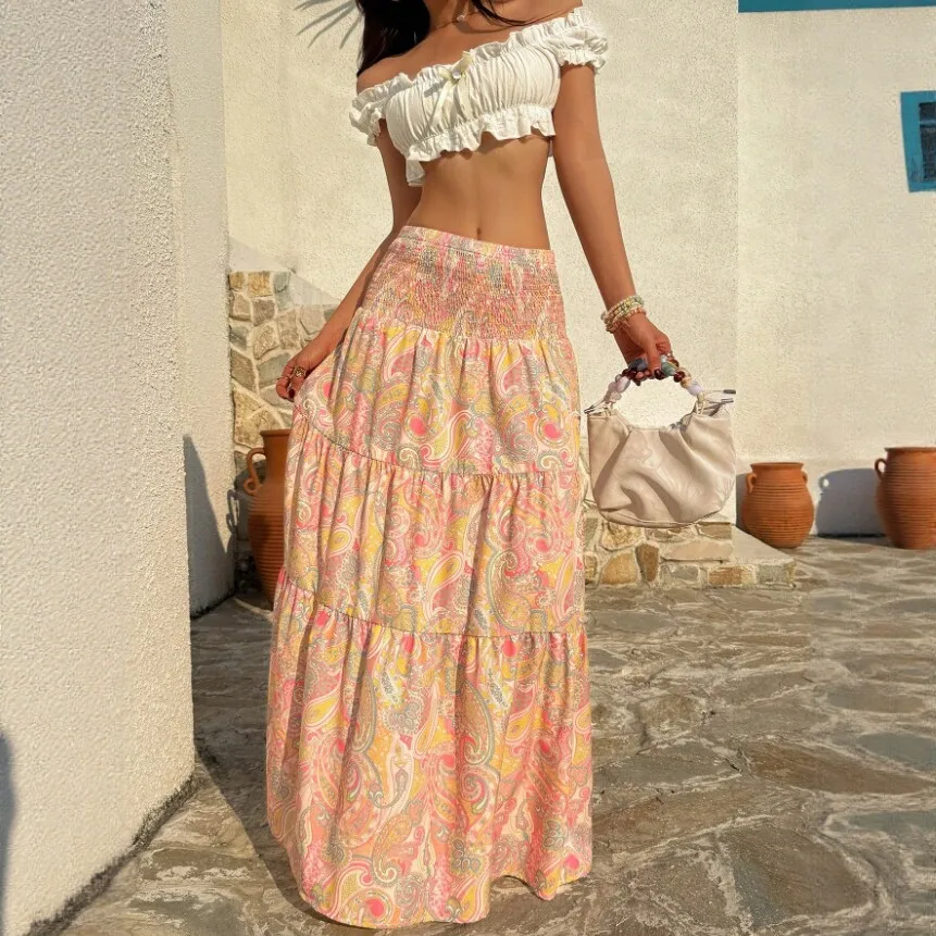 ONE TO WAN summer print high waist long skirt A-Line layered half body skirt french sweet style causal beach female skirt