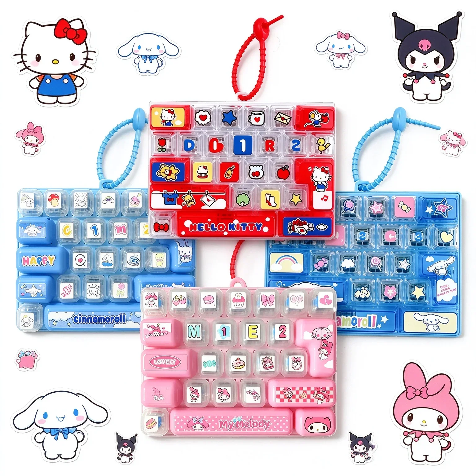 26구 키캡 키링 Sanrio 26‑Key Fidget Keyboard Keychain Hello Kitty Kuromi Cinnamoroll Stress Relief Press Button Toy Bag Charm Gift