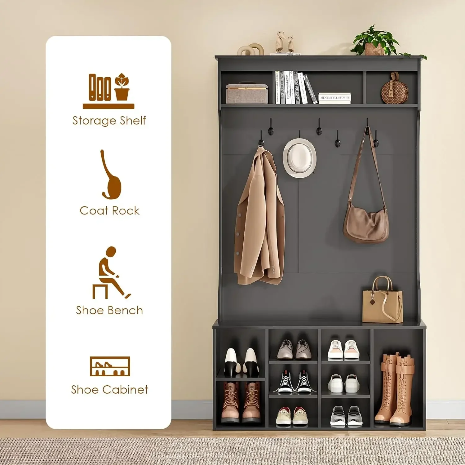 

Hall Tree with Bench and Shoe Storage, Mud Room with Seating and 7 Hooks, 6-In-1,for Entryway, 70.9"