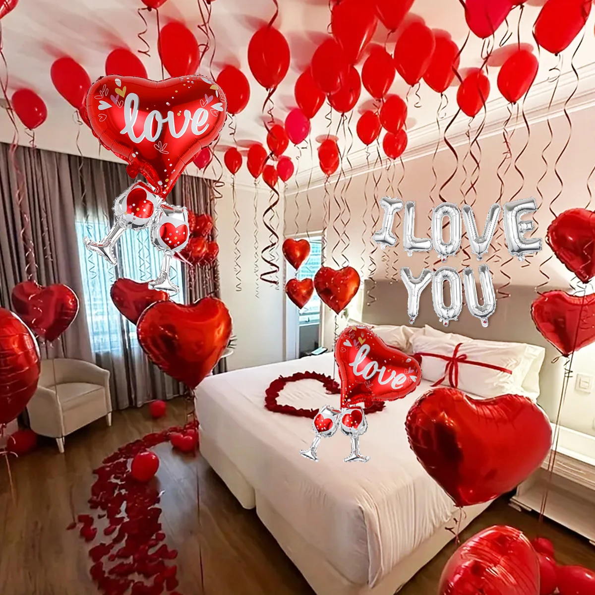 224pcs I love you balloons, heart shaped balloons and rose petals, suitable for Valentine's Day, engagement, romantic decoration