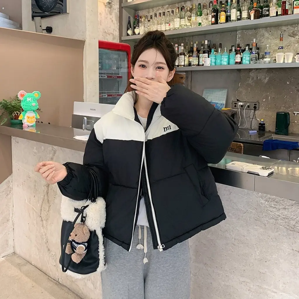 レディース厚手綿入りコートショート丈冬韓国風ゆったりフィット配色襟パンコート