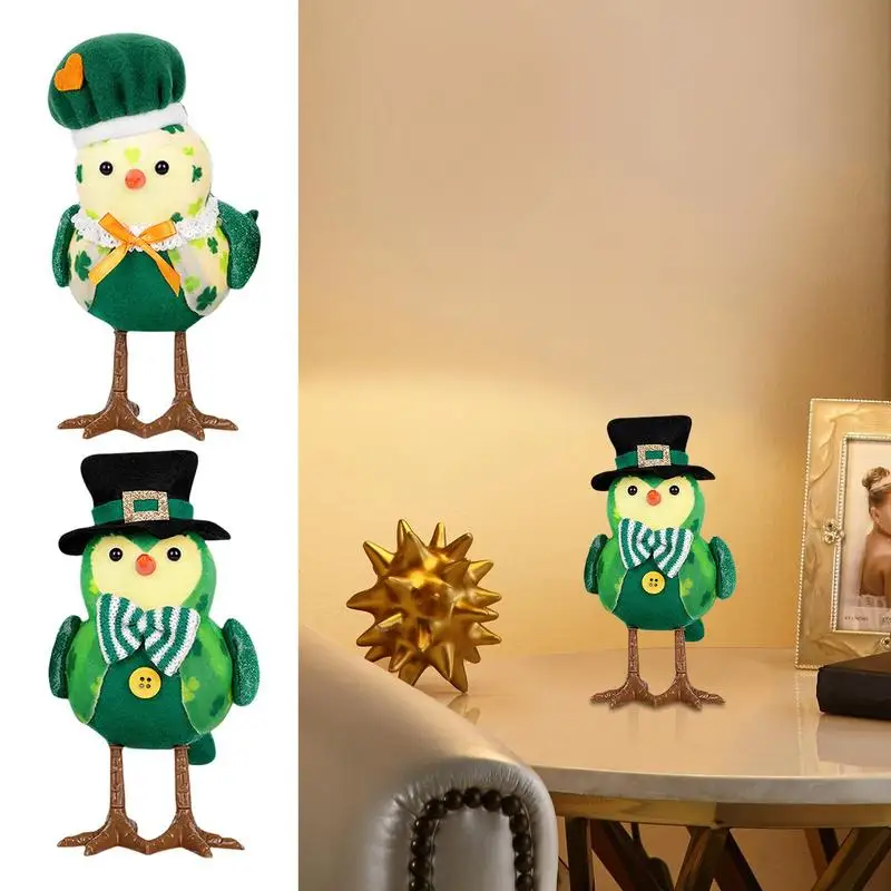 St Patricks Day Bird Decorations Shamrock Bird Statues With Hat Funny Plush Green Irish Birds Table Decoration For Home Studio