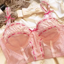 1 Pcs/Fashion Underwear French Sexy Lace Pink Ultra Thin Bra Young Girl Cute Vest Type Lingerie Summer Mesh Breathable Brassiere