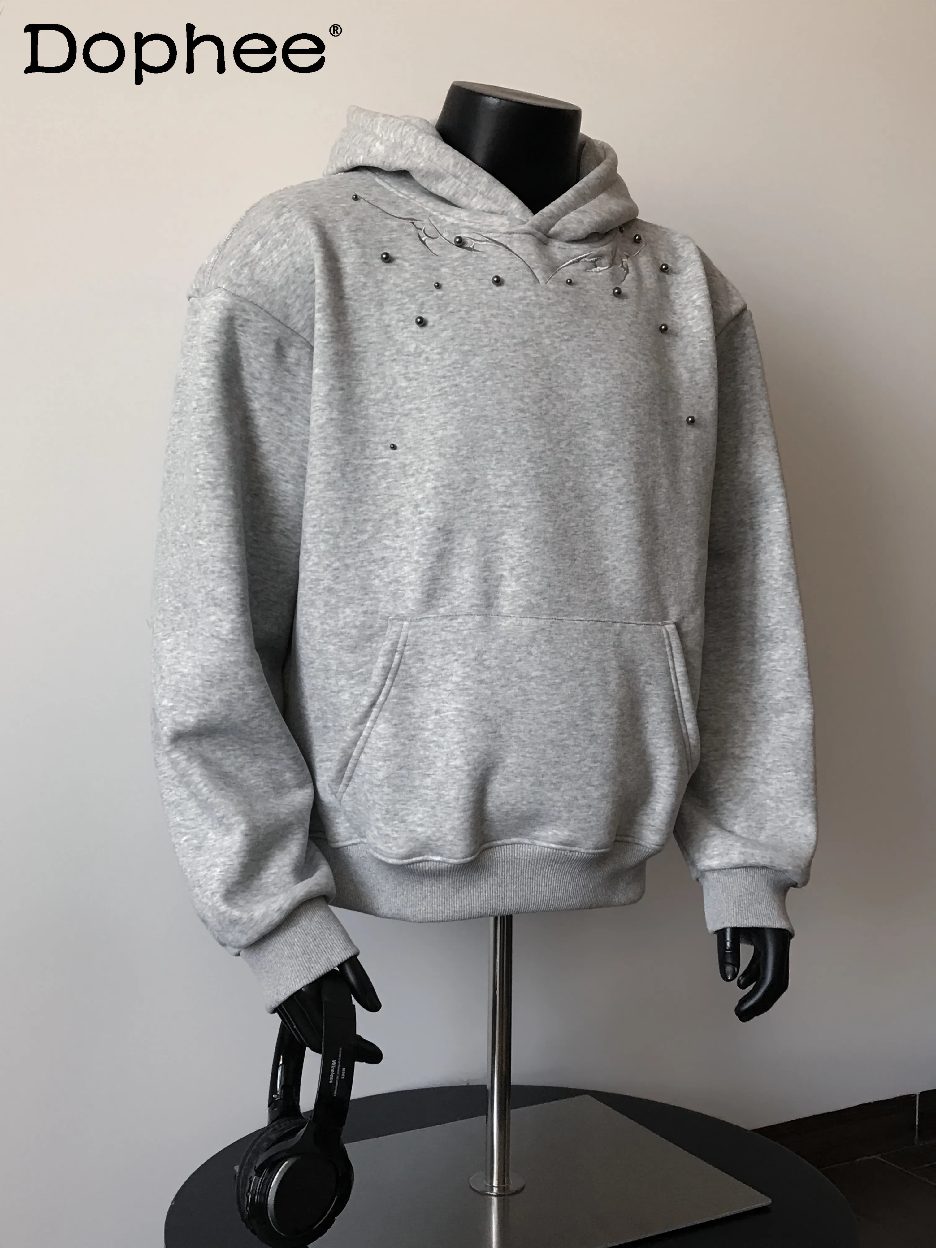 

American Heavy Beaded Embroidery Fleece-Lined Hoodie for Men, American High Street Retro Loose Casual Design Top