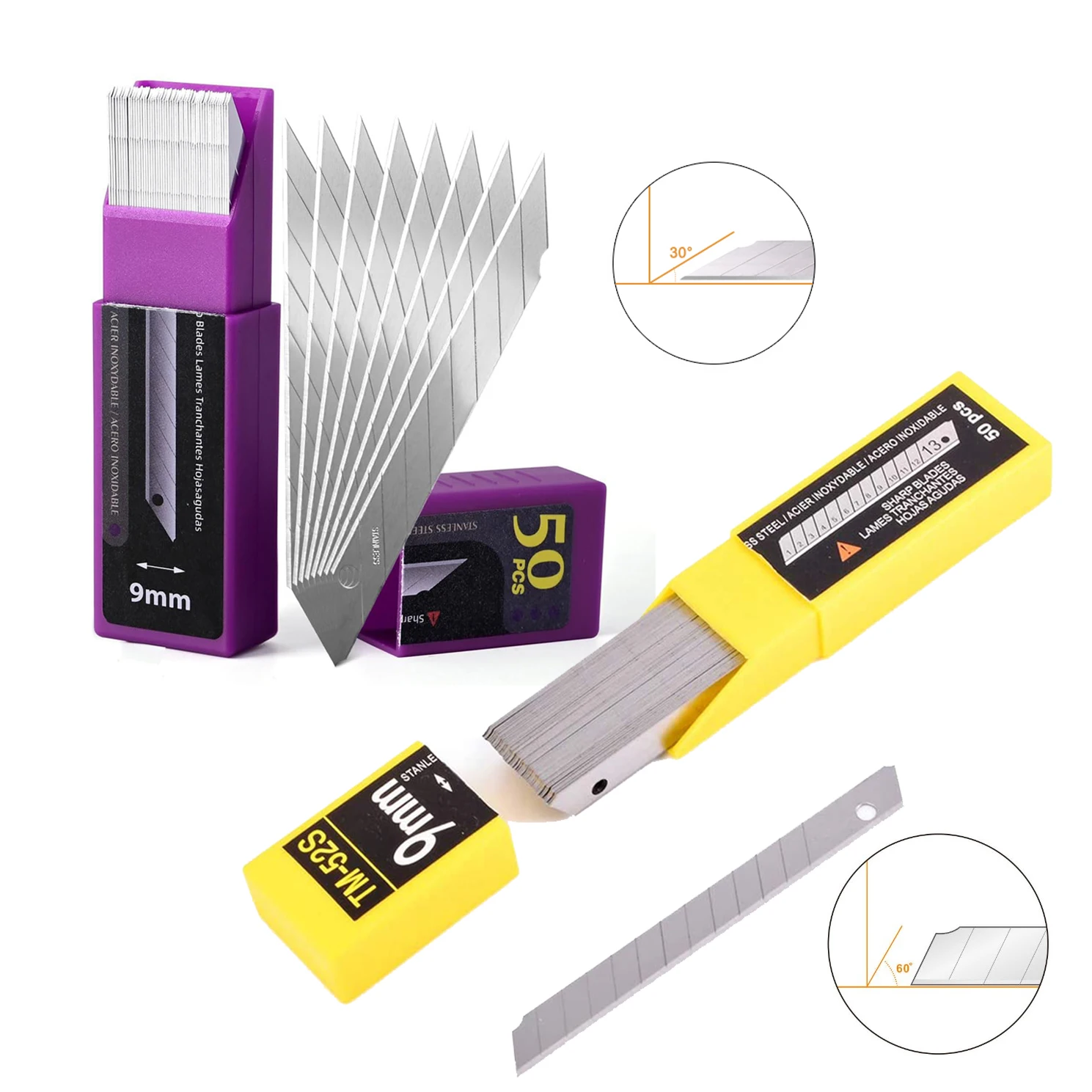 EHDIS Stainless Steel Blades Replacement 30/60 Degree Snap-Off Blade Spare Tools For Art Utility Craft Knife Film Paper Cutting