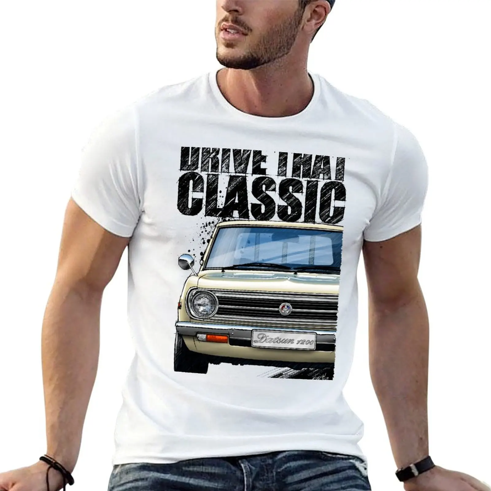 Drive That Classic featuring the Iconic Datsun 1200 in ivory. (light coloured background) T-Shirt