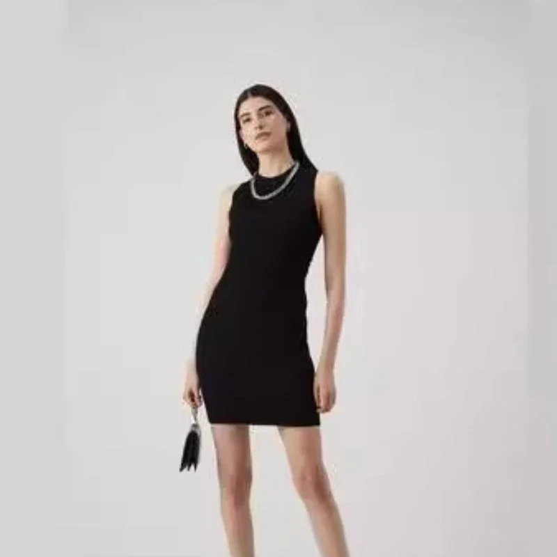 

Woman black backless sexy dress sleeveless slim fit knit evening birthday party mini dress
