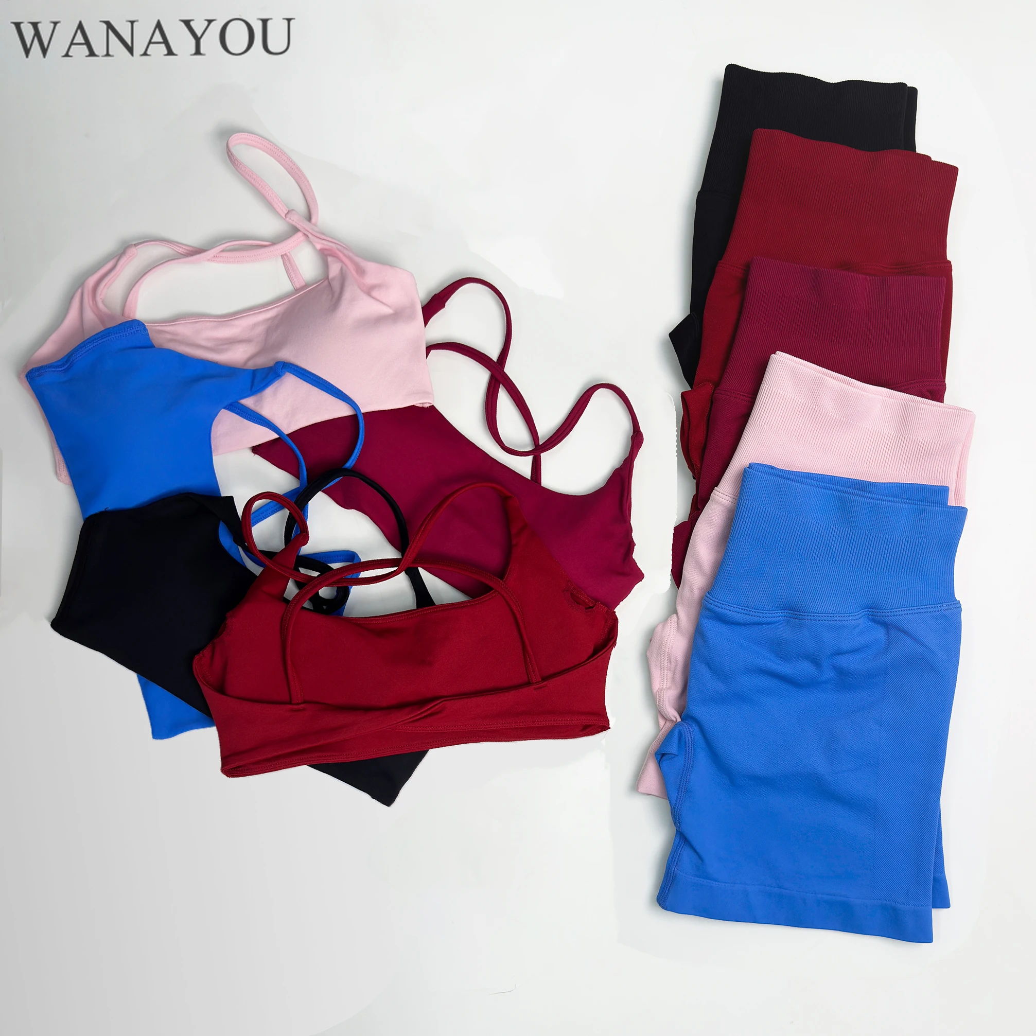 

WANAYOU, 2 шт., женские шорты для йоги, комплекты, динамические спортивные бюстгальтеры с заниженной талией, спортивные ударные шорты для бега, обтягивающие шорты для бега