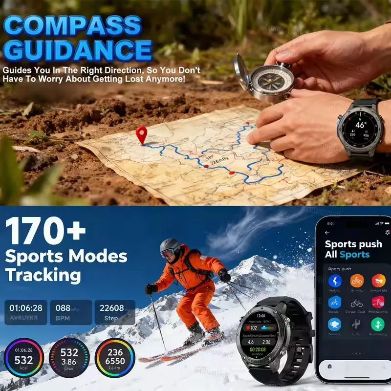 2026년 신형 아웃도어 군용 GPS 트랙 스마트워치 5ATM 방수 내장 듀얼밴드 GNSS 나침반 수영 스포츠 스마트워치 남성용
