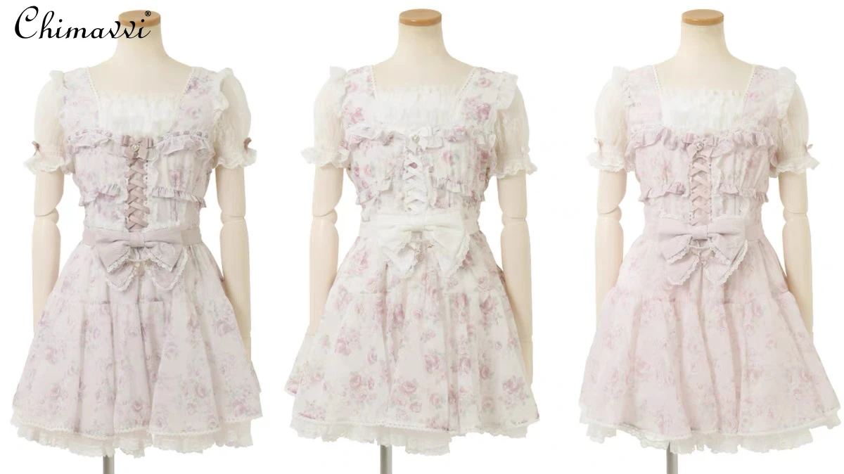 Liz Dress 2025 Summer Season New Japanese Mass-produced Line Kimono Rose Ribbon Flower Bow Dress Sweet Girl Op Princess Dresses