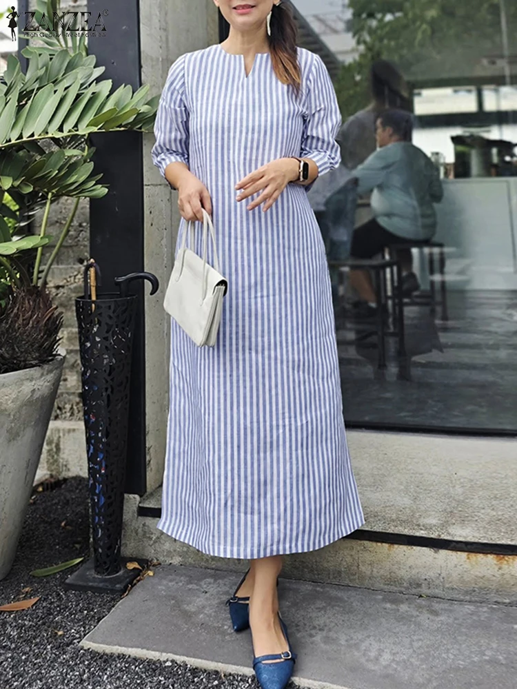 2025 outono vestidos listrados zanzea moda feminina com decote em v manga longa vestido de trabalho elegante escritório ol vestido maxi longo robe