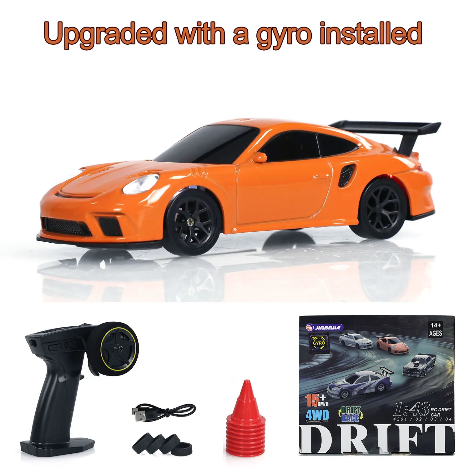 Upgraded 4303G Radio Control Mini Drift Race Car Gyro Radio Control 1:43 Toy Traffic Cones Outdoor Toys Orange Car