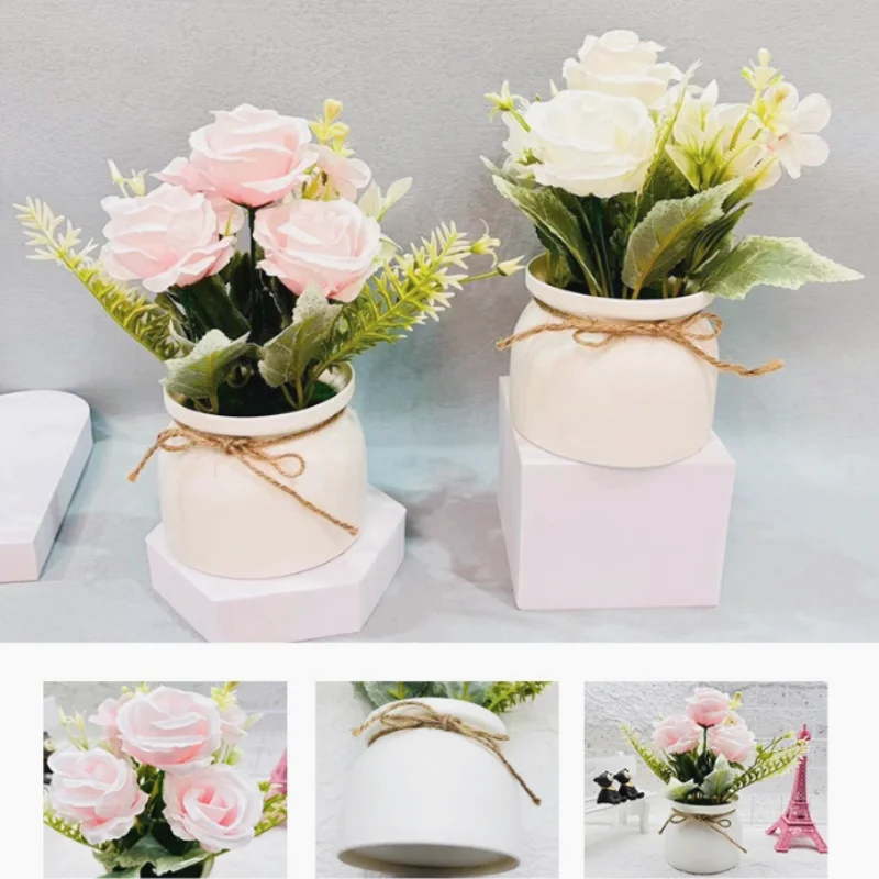 Tres rosas en maceta de flores artificiales, combinación de bonsái con bridas pequeñas, bonsái de plantas simuladas, decoración del hogar, decoración de escritorio