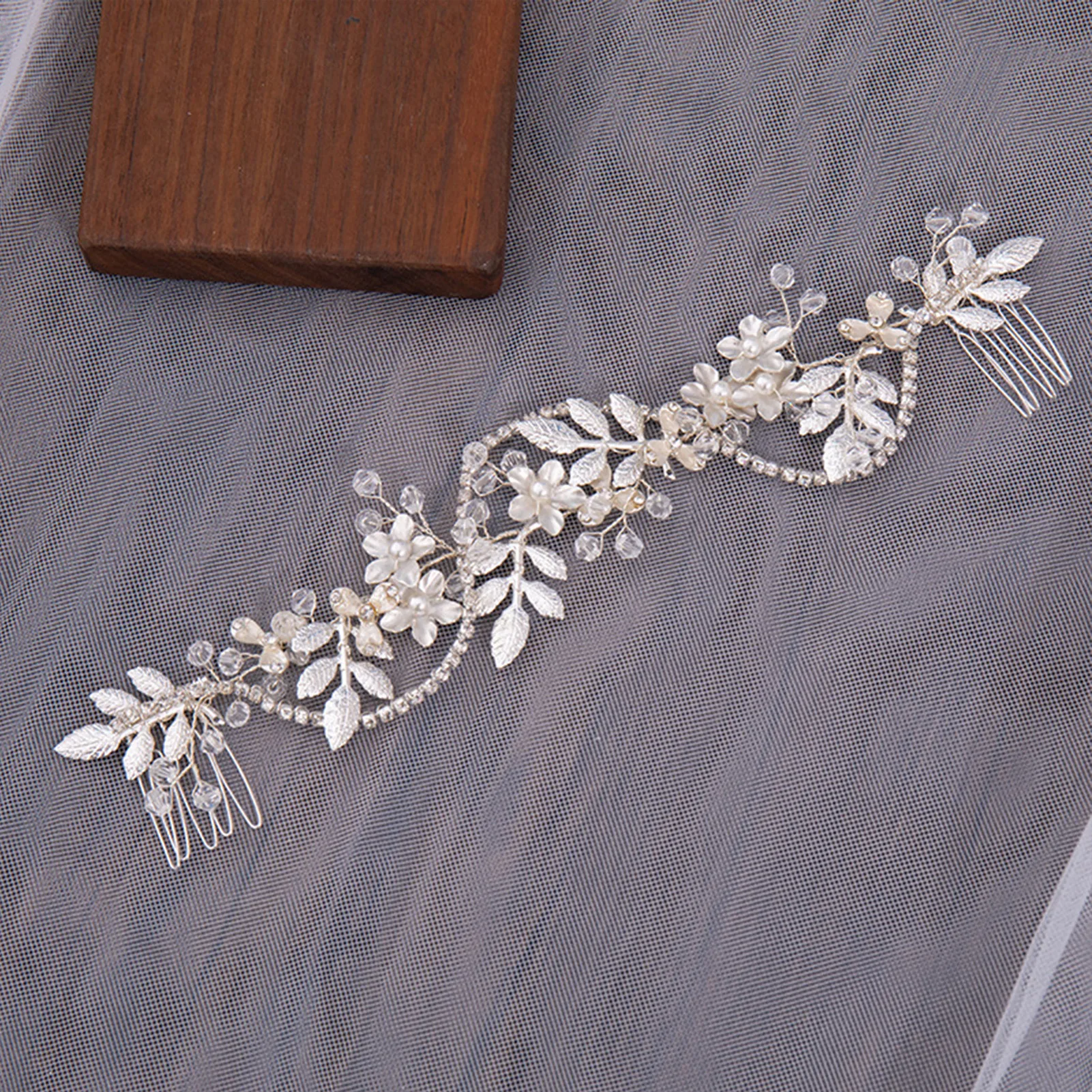 Silver Color Metal Flower Leaf Tiaras and Crowns Beads Headbands Hair Combs Rhinestone Hairbands for Bride Wedding Hair Jewlery