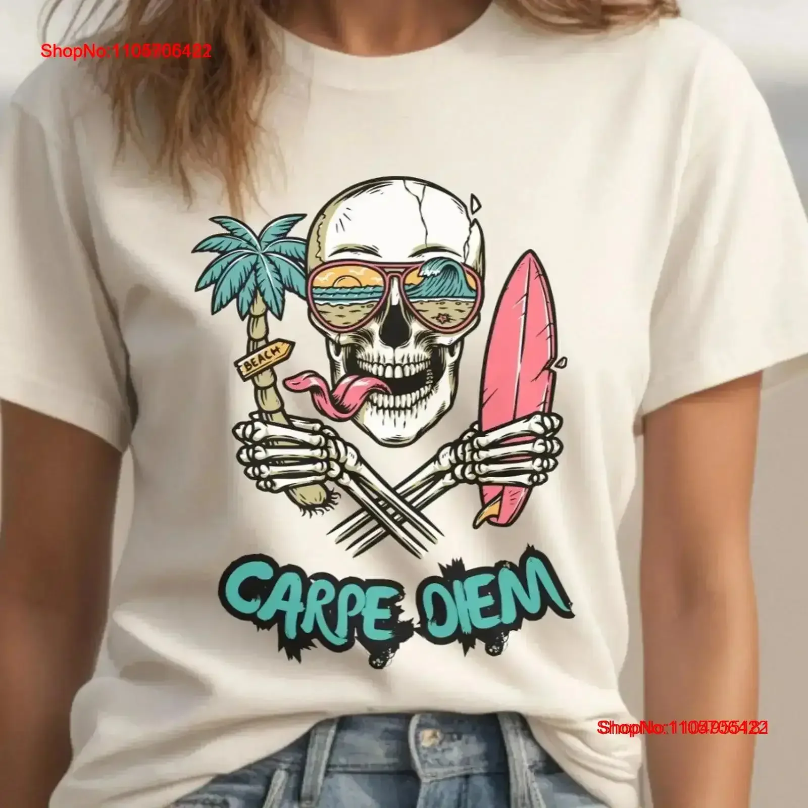 Carpe Diem Surfer T Shirt Skeleton Skater for Skull y2k vintage Washed designer clothes Slightly Soft fashion Versatile homme