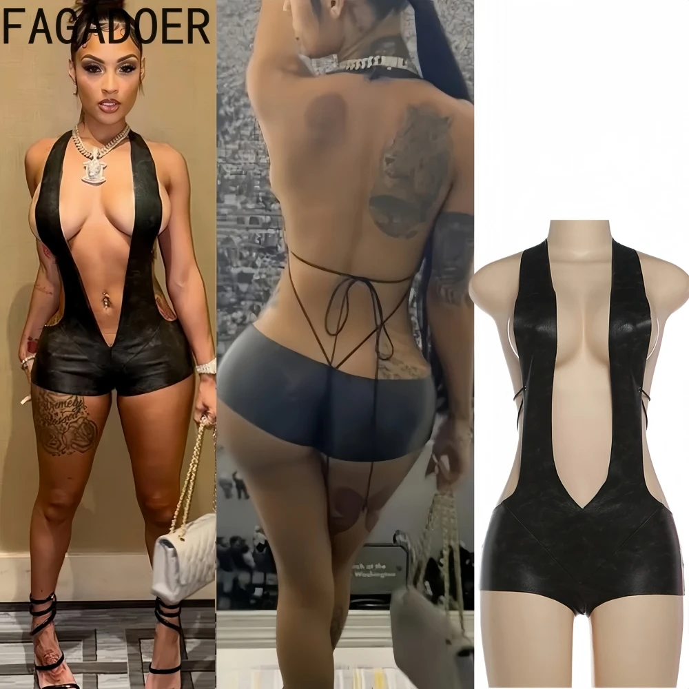 

FAGADOER Sexy Hollow-out Bodycon Rompers Woman Solid Color Halter Deep V-neck Backless Jumpsuits Female Streetwear Overalls New