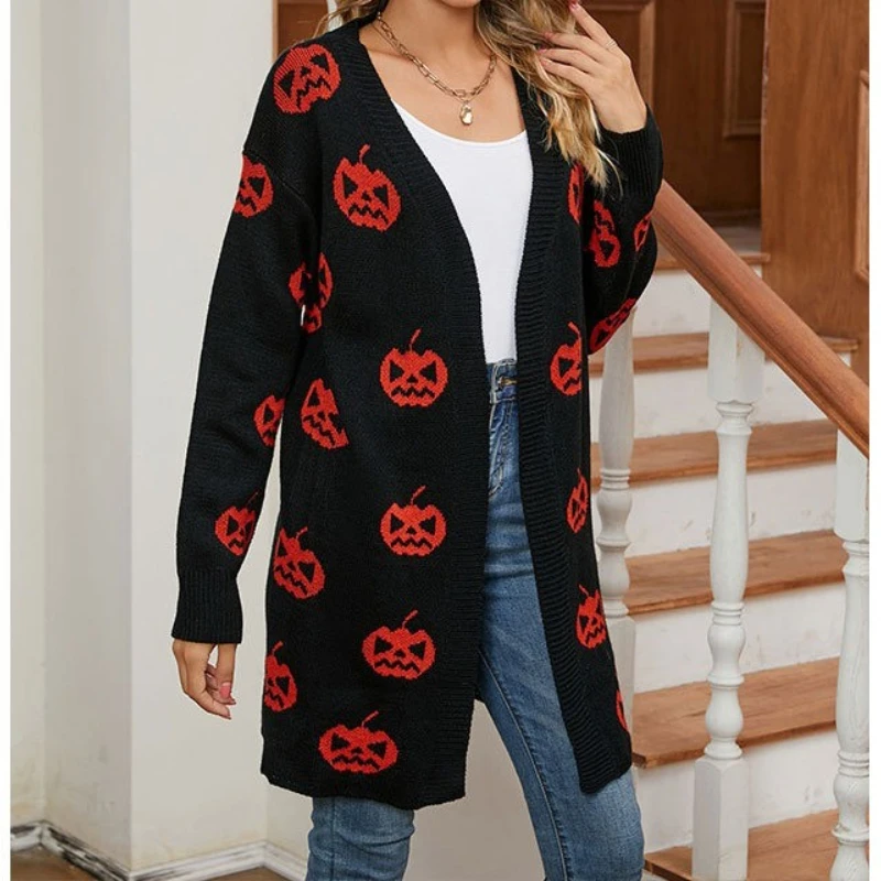 

Halloween pumpkin head jacquard long coat 2025 women's knitted cardigan in autumn and winter