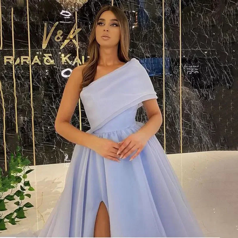 Musetta Sky Blue Organza Formal Evening Dresses One Shoulder Sexy Side Slit Puff Long Party Dress A-Line Prom Dresses Customized