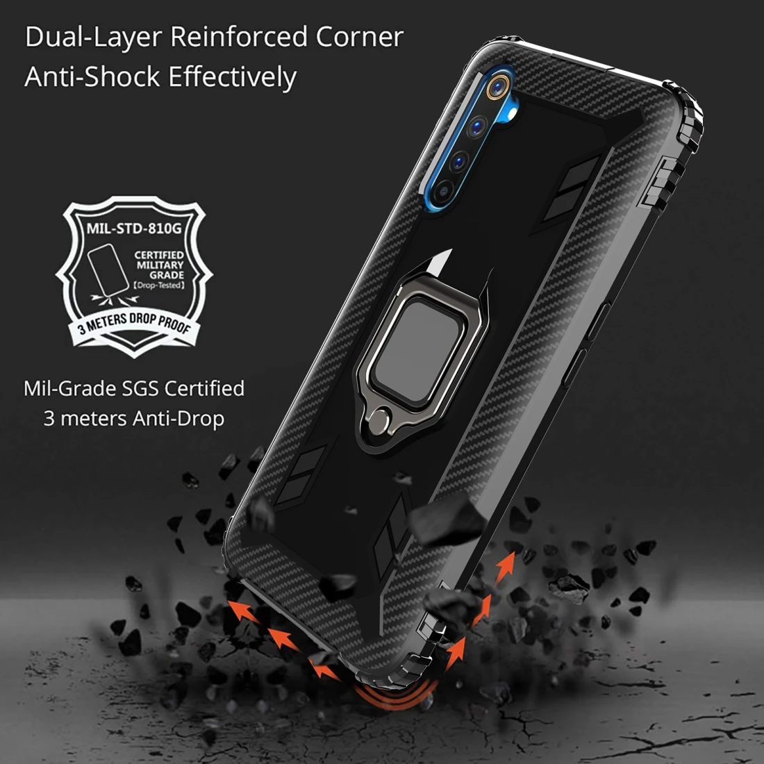 For OPPO Realme 6 Pro Carbon Fiber Protective Case with 360 Degree Rotating Ring Holder(Black)