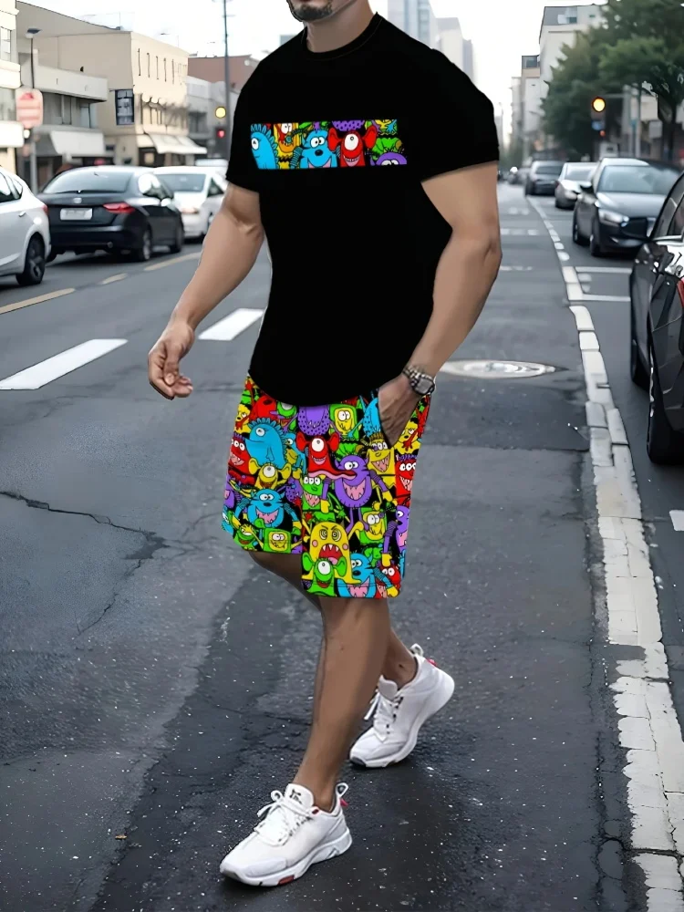 2025 Men's Short-sleeved Suit Green Cross Creative Print Urban Street Fashion Short-sleeved Top Shorts Casual Two-piece Set