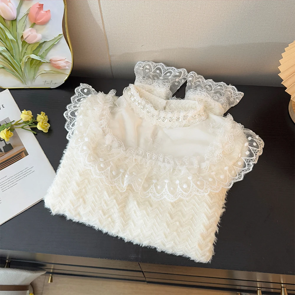 

Lace Trim Patchwork Pullover Shirt Fluffy Design Top Minimalist Style Slim Fit Knitwear Womens Clothing Casual Wear Tops