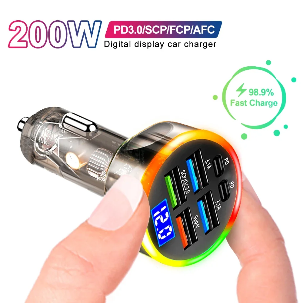 200W Car Charger Super Fast Charging Multi-port Car Phone Charger With Digital Display for IPhone 15 14 13 12 Xiaomi Samsung