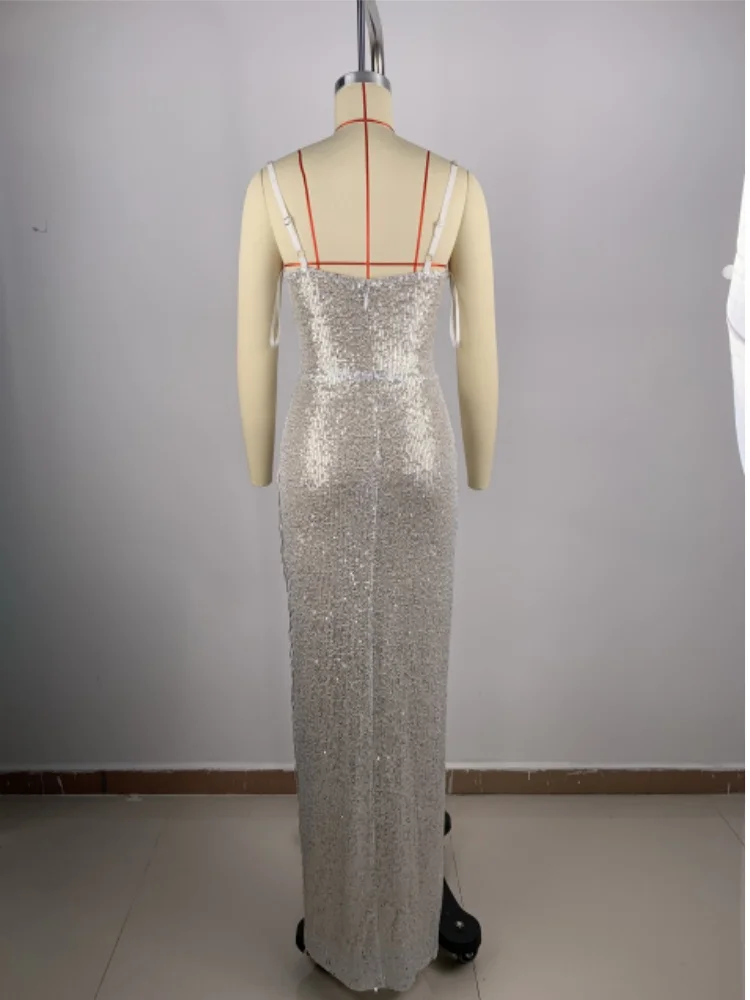 2024 New Arrival Women Sleeveless Sexy V-Neck Shinning Sequins Crystal Long Dress Elegant Evening Party Celebrate Dress Vestido