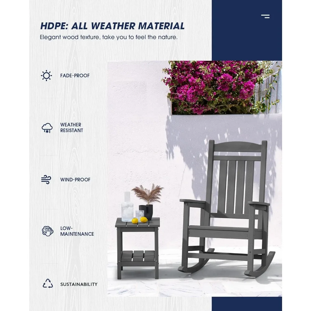 Outdoor Rocking Chairs Set of 2 for Adults, HDPE Patio Rocking Chairs, Grey, Porch Rocker Chairs for Relaxation