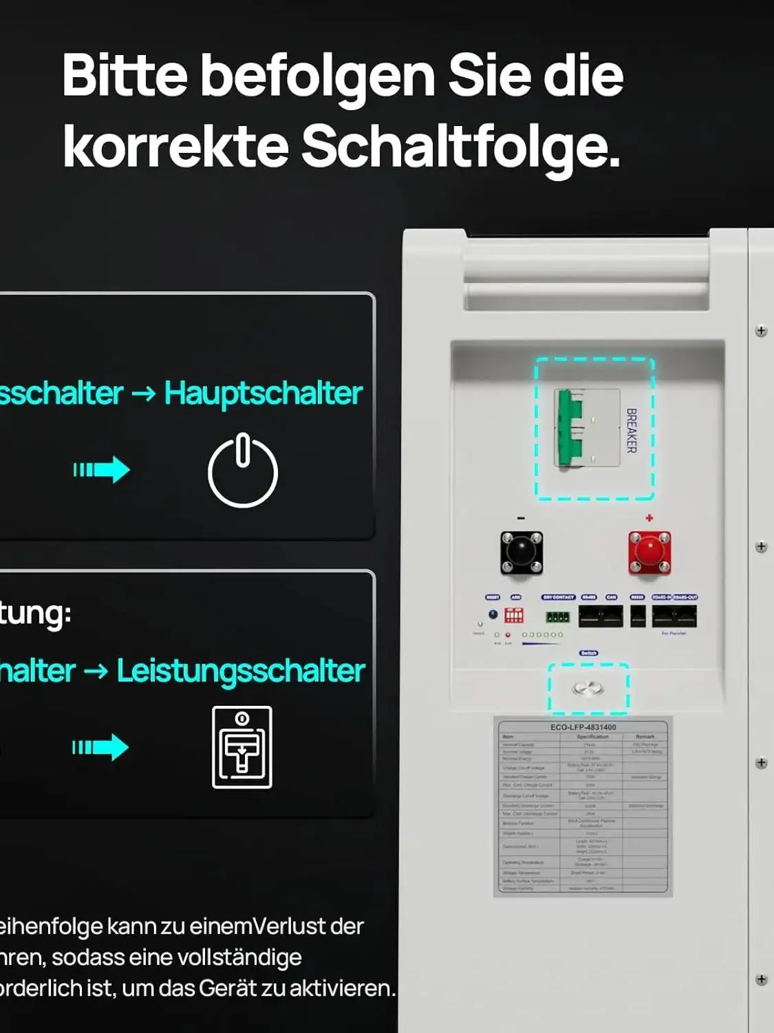 ECO-WORTHY 48V 314Ah LiFePO4 Batterie 16,1 kWh Stromspeicher und Leistungsschalter 200A PACE BMS RS485/CAN/RS232 mit Bluetooth
