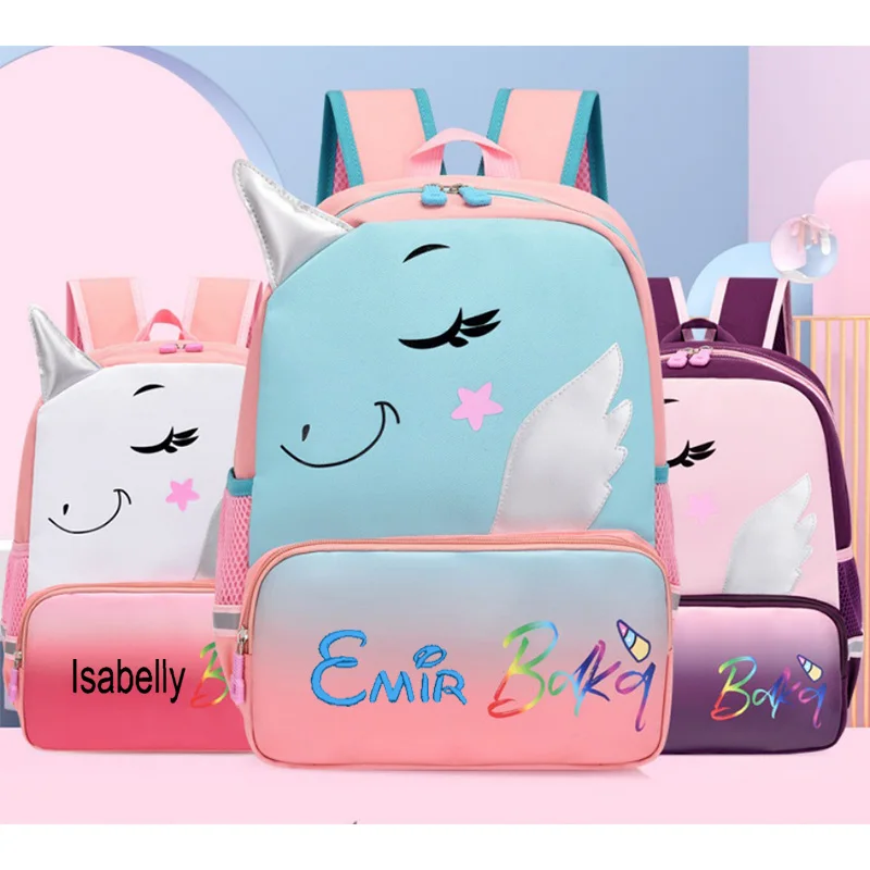 Mochila de hombro de unicornio con nombre personalizado para niños, bolso de libros de dibujos animados de dinosaurio lindo, mochila de moda para niñas de escuela primaria, nuevo