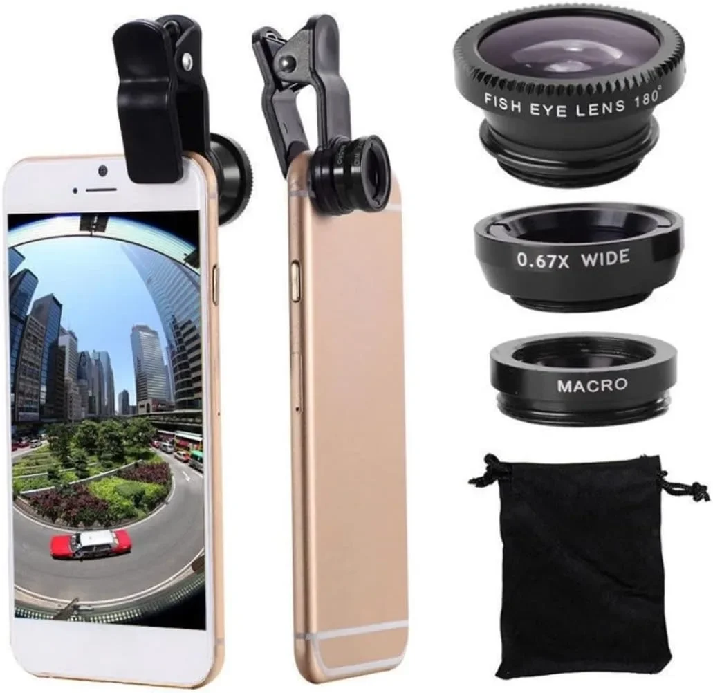 Lensa Kamera Mikro 3 in 1 Fisheye 0.67X Wide Angle untuk iPhone, Lensa Zoom Sudut Lebar Fish Eye pada Smartphone dengan Klip Ponsel