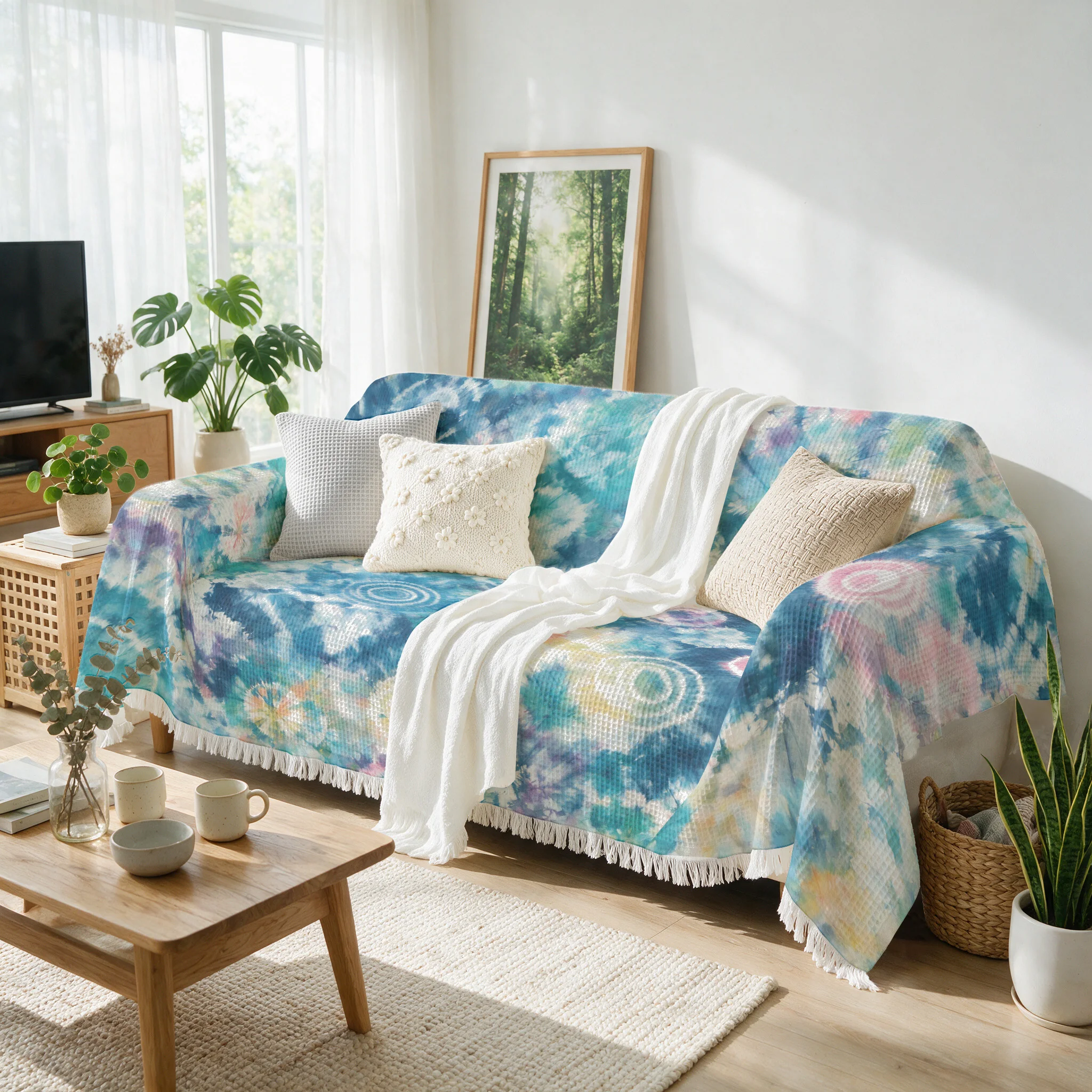 Cozy Watercolor Tie Dye Throw Blanket for Sofa Couch Decorative Throw Cover Boho Style Living Room Home Decor Accent