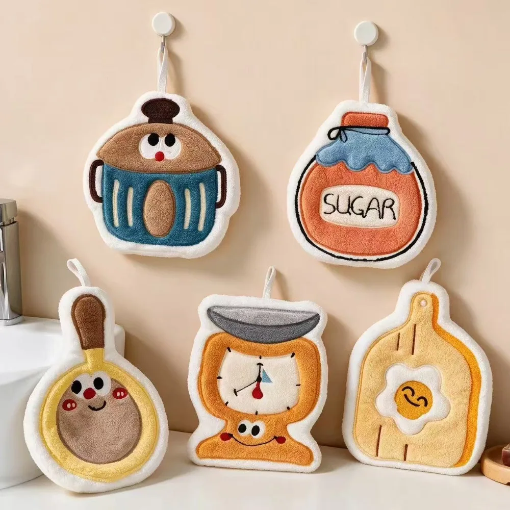 Funny Hanging Hand Towel Cartoon Pot Pan Sugar Jar Design Soft Coral‑Fleece Absorbent Washcloth for Kitchen Household Child Gift