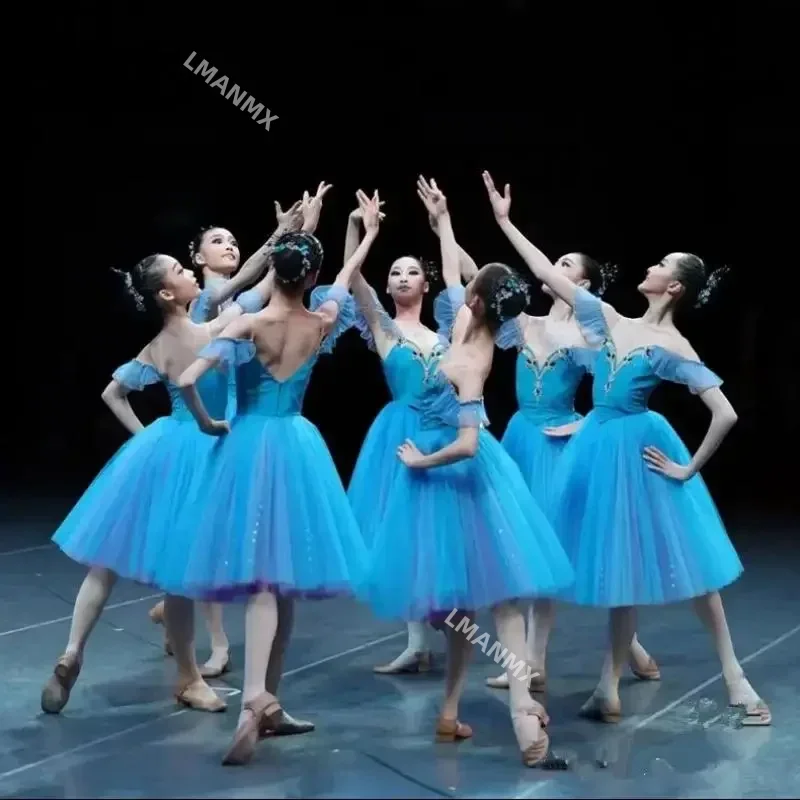 Longo romântico ballet tutu azul vestido de balé roupas desempenho cisne lago bailarina femme crianças meninas traje de balé de fadas