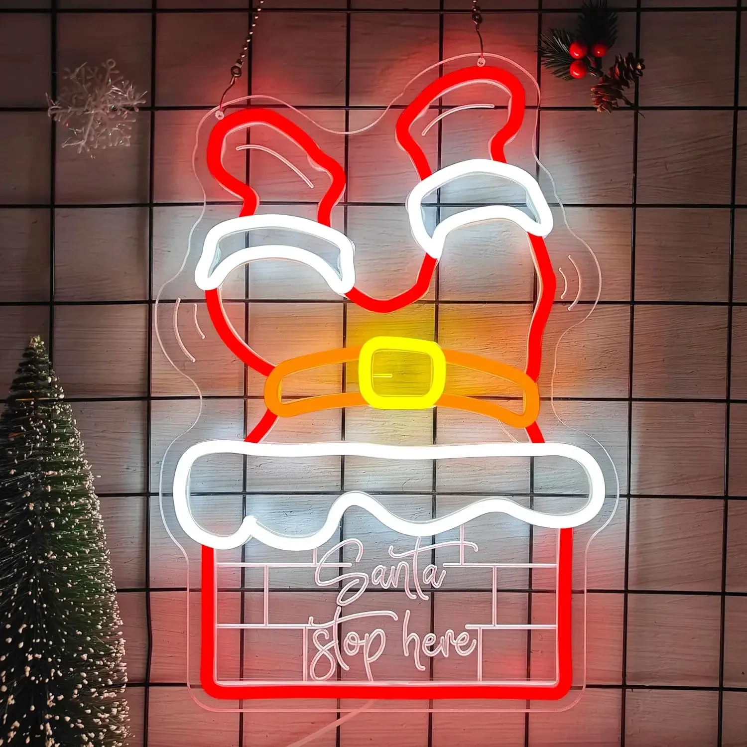 Santa Stop Here Neon Sign LED Wall Art Funny Christmas Gift Box USB Powered Dimmable Light Party Bar Shop Holiday Season Decor