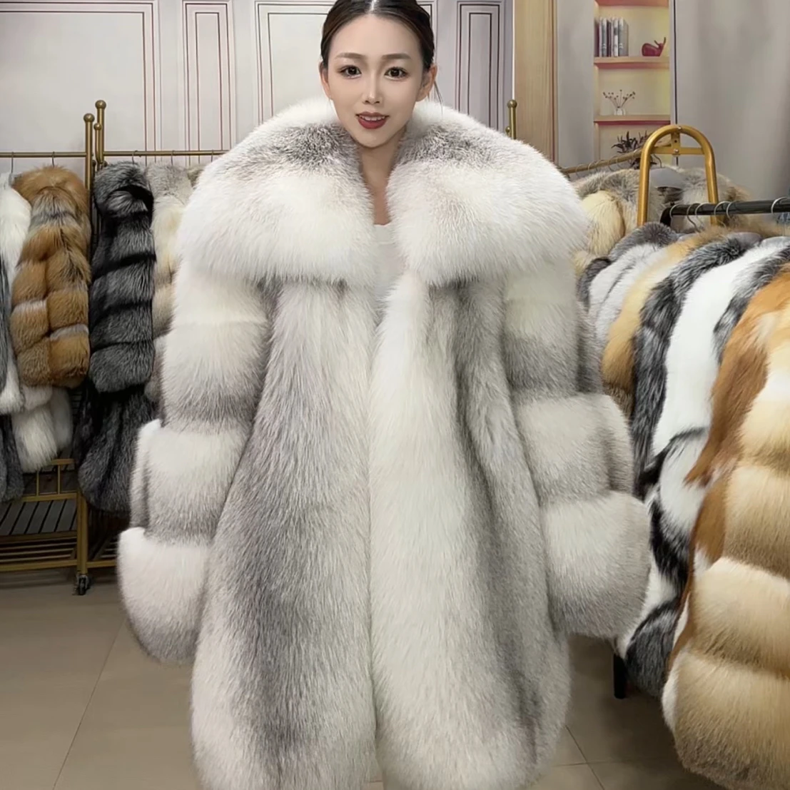 2025New Winter Luxury Warm Finnish Fox Fur Grass Coat Women's Jacket Full Leather Medium Long Fashion Plus Size RealFox Fur Coat