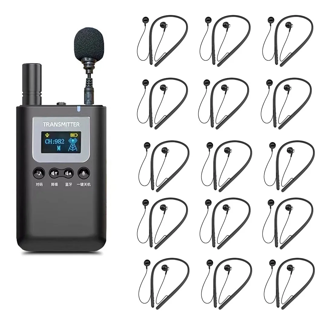 

Wireless Tour Guide Headset System – 1 Transmitter + 15 Lightweight Earbud Receivers for Clear Group Communication