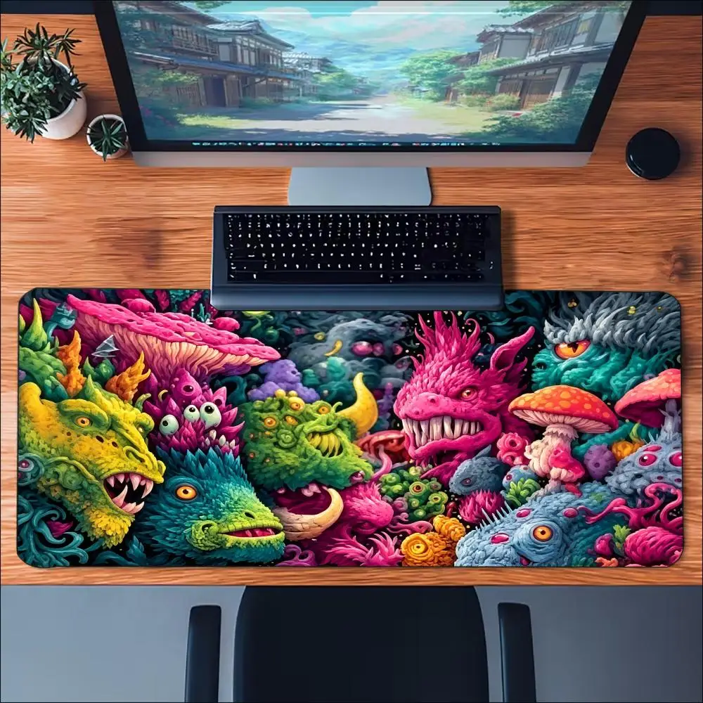 Surreal Monster Gaming Mousepad Trippy Psychedelic Fantasy Desk Mat Non‑Slip Rubber Stitched Edge Pad For PC Gaming Fans