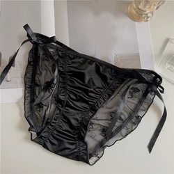 Women Smooth Satin Thong Briefs Mesh Breathable Panties Sexy Bowknot Ruffled Elegant Underpants Comfortable Low-Waist Underwear