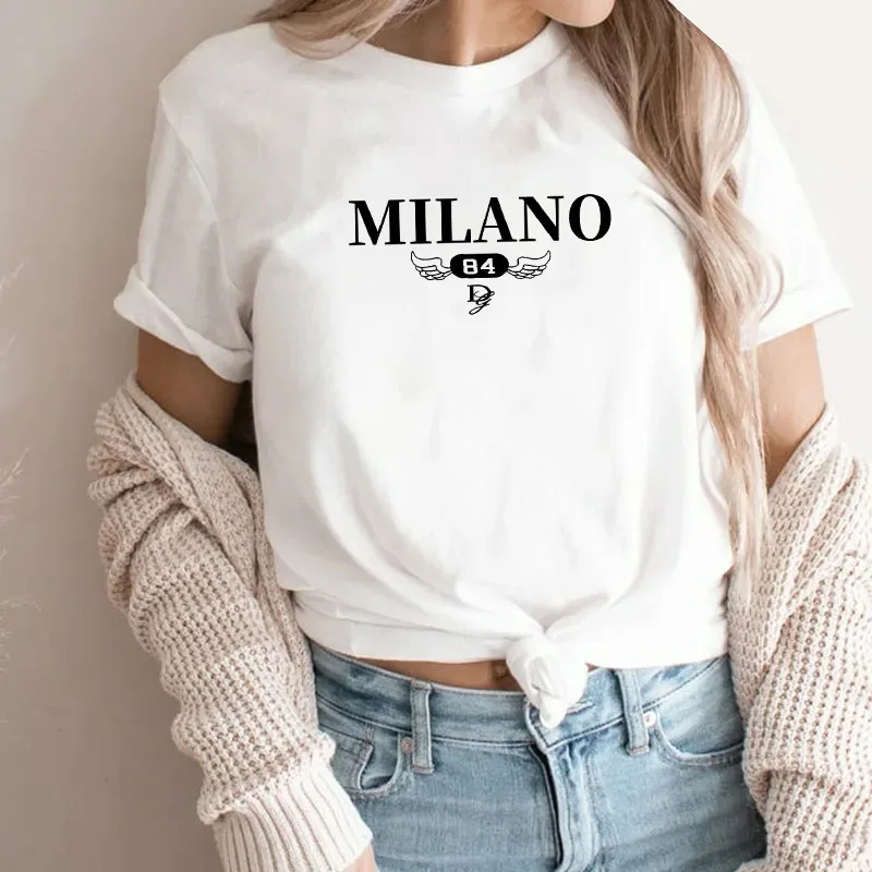 

Summer Women casual sports short sleeve Shirts MILANO Letter print Brand Cotton T-shirt comfortable round neck Men tops Clothing
