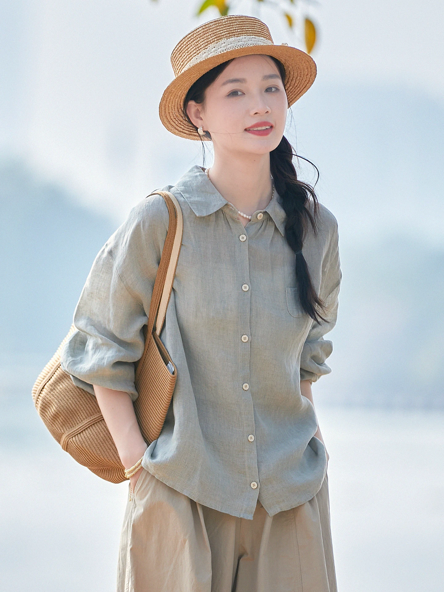 

Gujia 00 Colors Woven Linen New Clear Vertical Stripes Long Sve irt Loose Fit Collar Button up Women's Casual irt