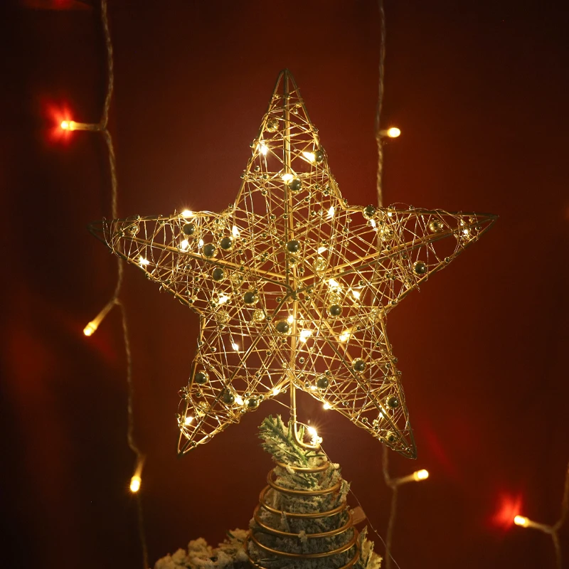 LED Licht Weihnachtsbaum Stern Topper mit Perle Draht Gold Eisen Weihnachtsbaum Ornamente Neujahr Home Party Dekoration Lieferungen
