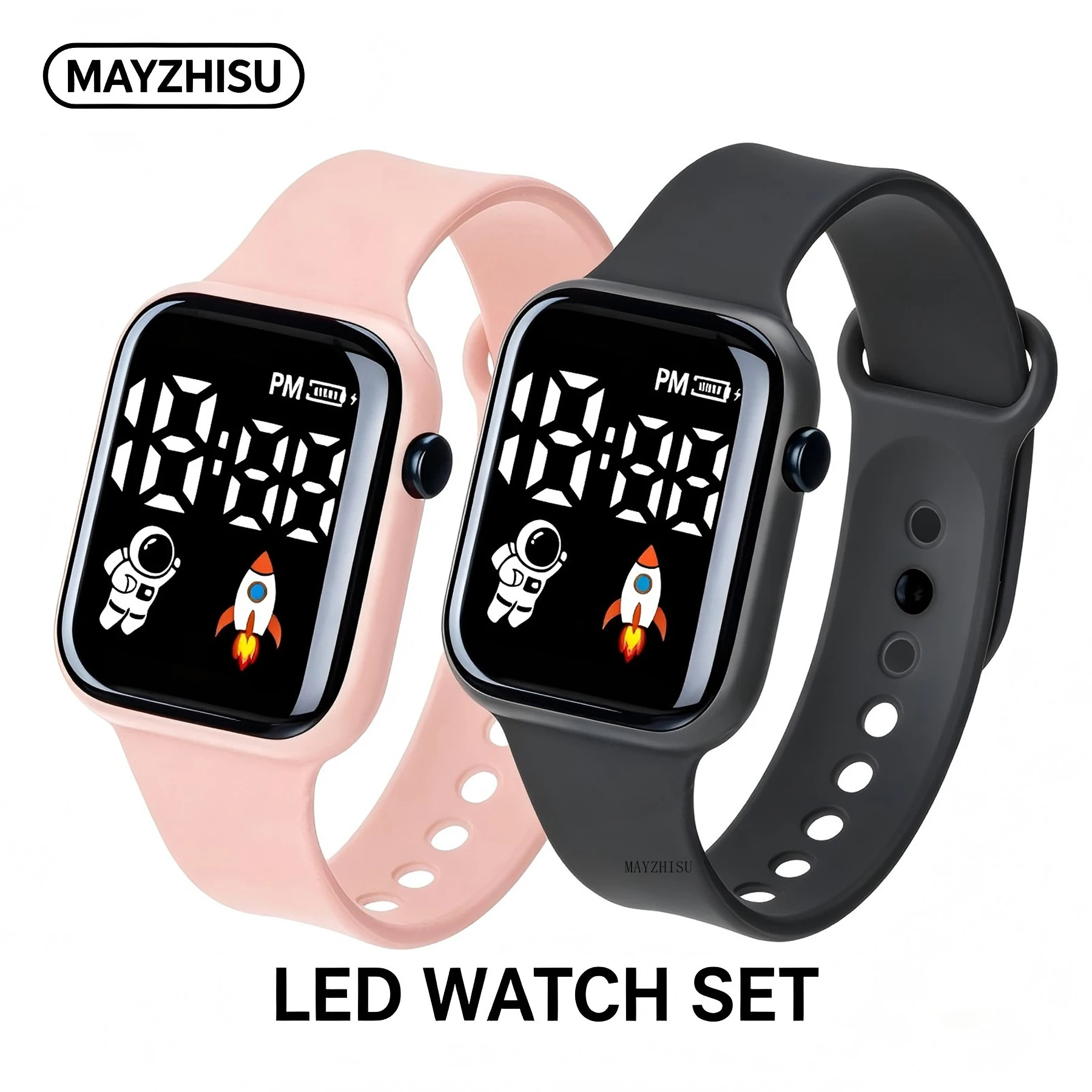 2Pcs/set Cartoon Children's Watches LED Sports Digital Watch for Kids Boys Girls Students Silicone Strap Luminous Non-waterproof