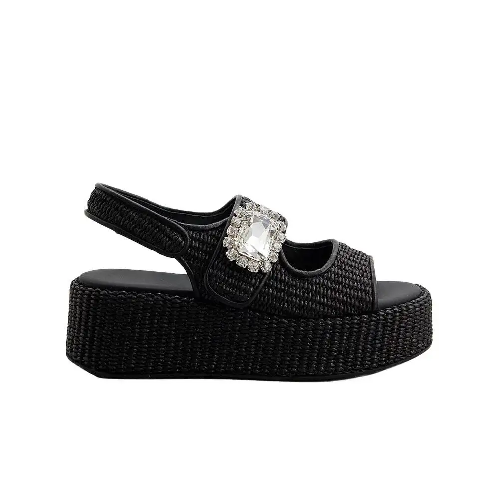 Summer New Women's Woven Open Toe High-heeled Sandals with Rhinestones, Fashionable Thick Sole, Comfortable Roman Sandals